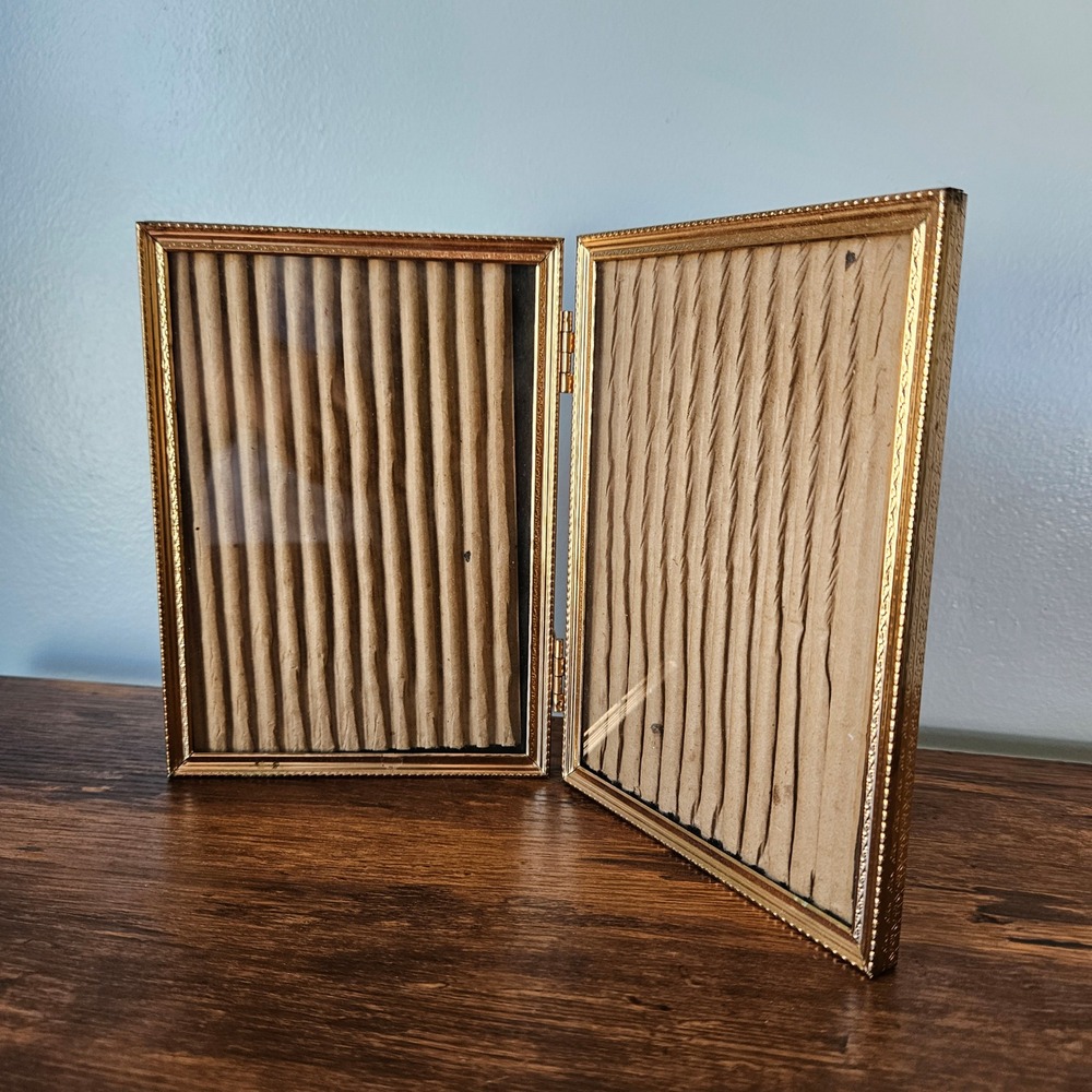 Vintage Gold Tone Metal Folding Double Picture Frame Ornate Floral Embossed 8x10